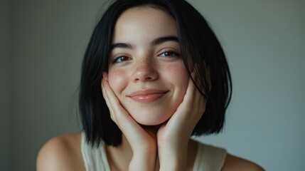 Smiling young woman with dark hair resting her face on hands, expressing joy and positivity, natural light portrait for lifestyle, beauty, and wellness concepts.