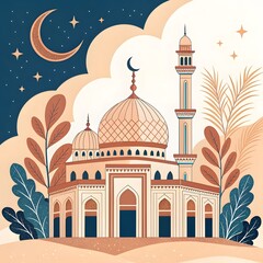 Islamic Watercolo mosqueand line art Muslim mosque watercolor looking with floral and rose bell.