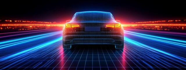 Futuristic car wireframe hologram on a digital grid, illuminated by blue neon lighting, representing technology, innovation, and automotive design.