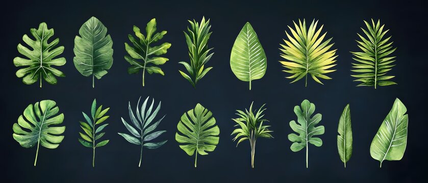 Watercolor Tropical Foliage Collection on Dark Background Exotic Green Leaves Illustration