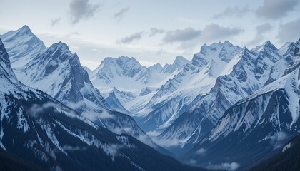Obraz premium Majestic Winter Peaks: A breathtaking panoramic view of snow-capped mountains, their rugged peaks piercing a dramatic sky, evokes a sense of awe and serenity. 
