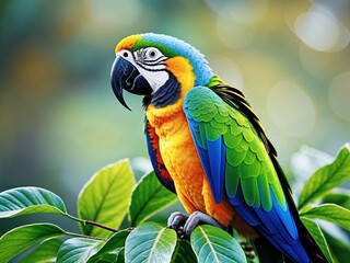 Fototapeta premium Blue and Gold Macaw Perched on Lush Green Leaves