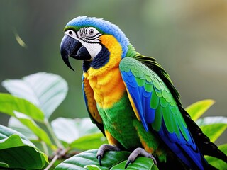 Obraz premium Blue-and-yellow Macaw Perched on Green Leaves