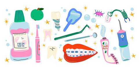 Orthodontic and dental care bright stickers. Healthy teeth. Different dental care accessories. Care of teeth with a brace system. Color stickers with toothpaste and brush, braces, dental rinse
