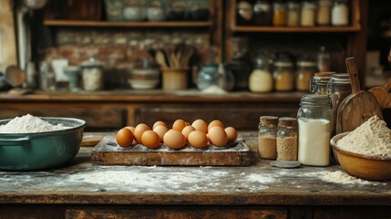 A rustic kitchen scene with eggs on an old wooden counter, flour, and baking ingredients nearby 