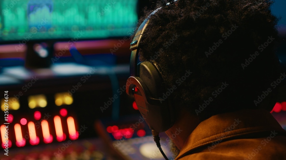 Leinwandbilder African american tracking engineer processing and mixing sounds in control room, operating audio console with moving faders and colored meters. Technician producer deals with technical gear. Camera A.