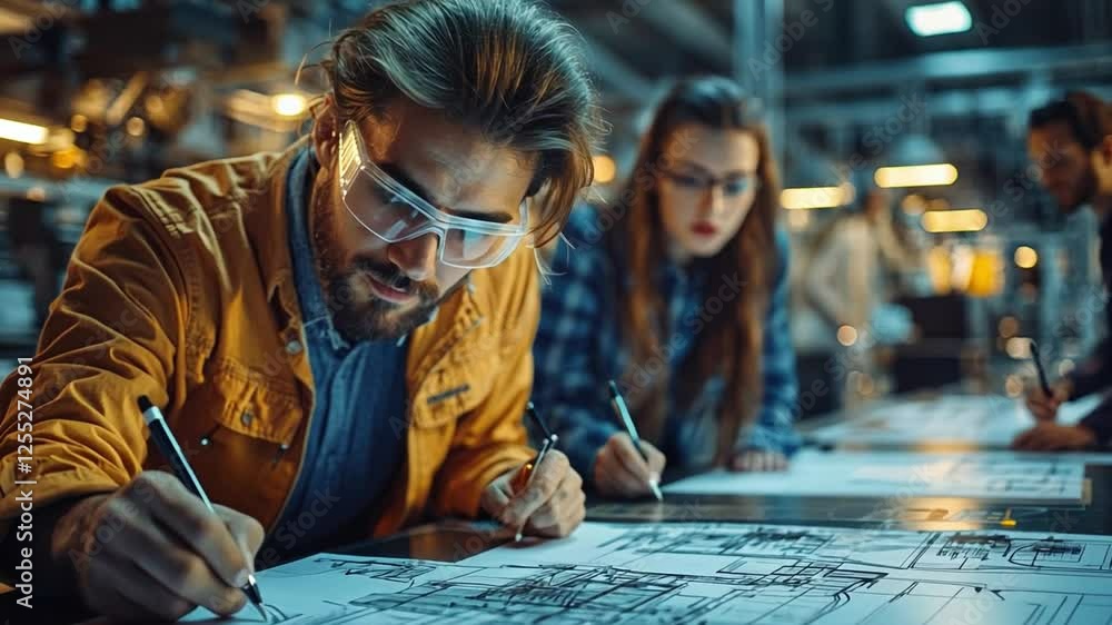 Poster blueprint architects: group of diverse architects are intently collaborating on intricate blueprints