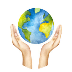 Human palm, hands with planet earth. Watercolor hand drawn save the planet illustration isolated on background. Agriculture, organic gardening, planting or ecology, awareness. Environmental, earth day
