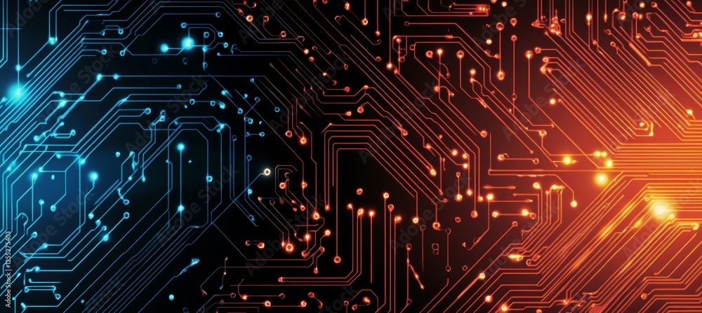 Poster abstract technology background with glowing orange and cyan circuits on black, circuit board pattern