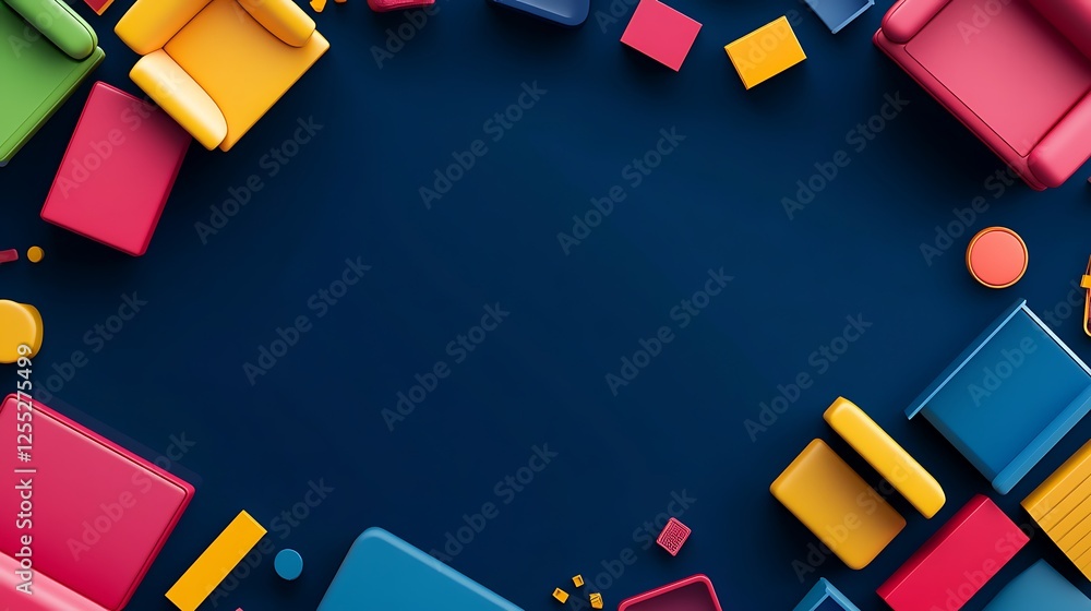 Poster colorful furniture and objects frame, 3d design, minimal composition, background ready