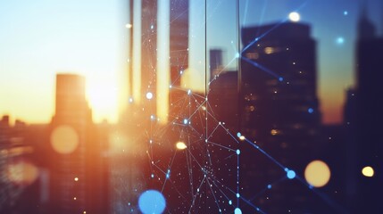 Sunset over city skyline with futuristic digital network overlay, representing technology, innovation, and urban development in a connected world.