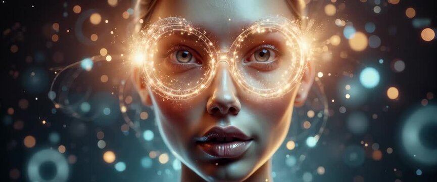 A woman's face is shown with a pair of glasses and a glowing, sparkling effect