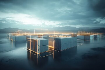 Futuristic Warehouse with Digital Overlay in a Serene Landscape