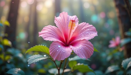 Pink Hibiscus in Soft Light: A delicate pink hibiscus flower, adorned with morning dew, blossoms in the soft light filtering through a lush green forest. The image evokes serenity and natural beauty.