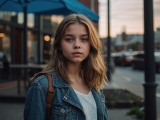 Fototapeta premium Young Woman in Blue Jacket Smiling in City Street at Evening Light