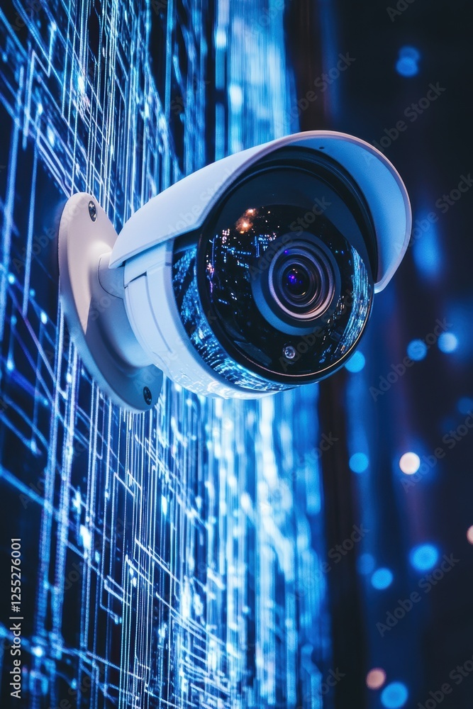 Poster surveillance camera installed on a wall with digital data backdrop, representing security technology