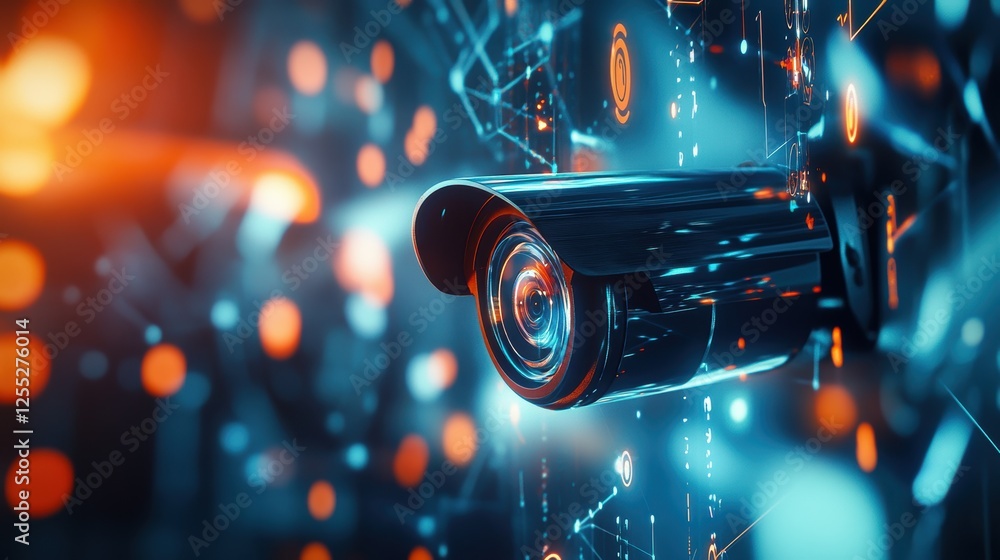 Poster surveillance camera monitoring digital data in smart city environment, representing security technol