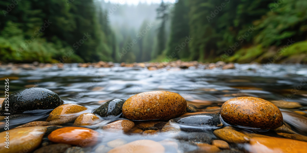 Poster serene stream flows gently over smooth pebbles, surrounded by lush greenery and misty trees