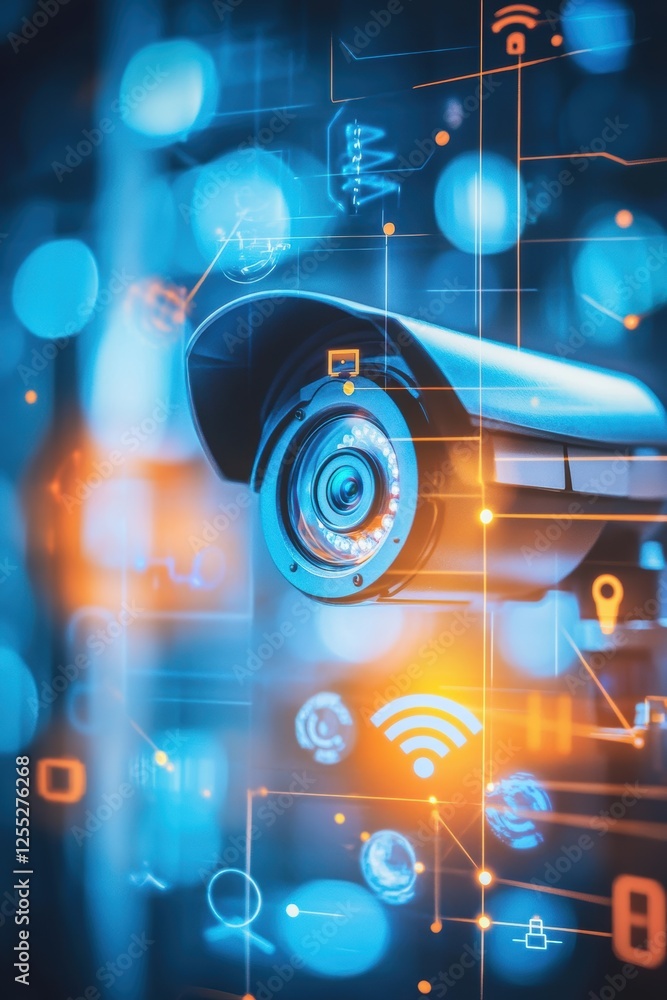 Poster surveillance camera technology with digital security interface, networking symbols, data analysis, a