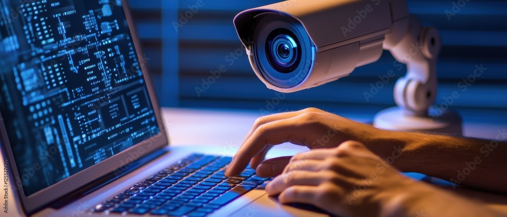 Poster surveillance technology and cybersecurity monitoring with security camera and laptop, data analysis 