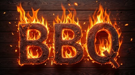 Intense burning "BBQ" sign made from charred wood, glowing orange flames, deep brown background, dramatic fire lighting, bold typography, barbecue concept, fiery cooking atmosphere.