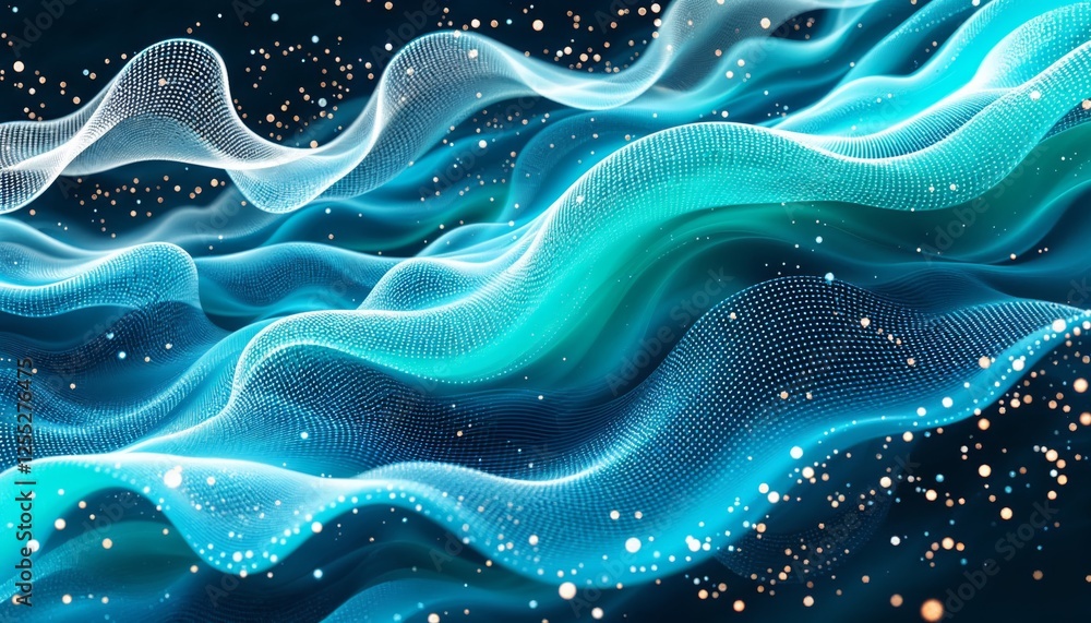 Poster translucent teal waves, an abstract visualization of data flow and connectivity