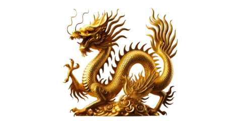 Chinese golden dragon isolated on transparant background with clipping path.Golden traditional chinese dragon isolated. Feng Shui statuette.png