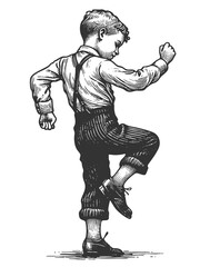 joyful young boy in old-fashioned clothing dancing energetically, depicted in classic engraving style sketch engraving generative ai raster illustration. Scratch board imitation. Black and white image
