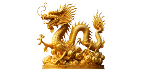 Chinese golden dragon isolated on transparant background with clipping path.Golden traditional chinese dragon isolated. Feng Shui statuette.png