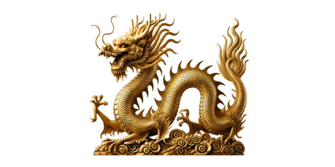 Fototapeta premium Chinese golden dragon isolated on transparant background with clipping path.Golden traditional chinese dragon isolated. Feng Shui statuette.png