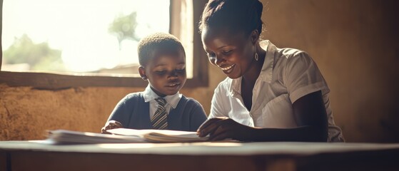 Teaching, mother and son reading together at home, focusing on education and learning in a nurturing environment, fostering child development and literacy skills.