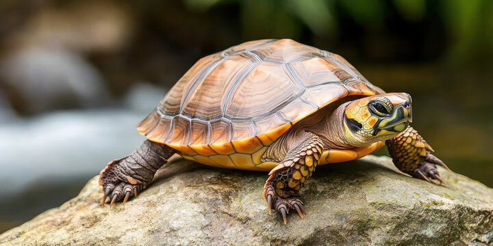 turtle basking on rock near stream, showcasing its vibrant shell and intricate patterns