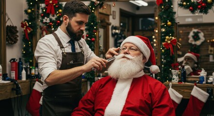 Barber giving Santa a festive grooming in a decorated shop