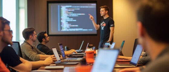 Team collaboration during a coding workshop in an office setting, sharing ideas on software development and programming best practices with laptops and presentations.