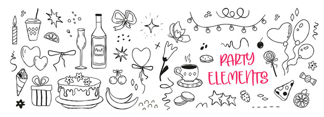 Abstract elements for parties in the doodle style. invitations, bright banner about summer, postcard, invitation, plant, cocktails in a minimalist style. modern, isolated icons: bow, dessert. png
