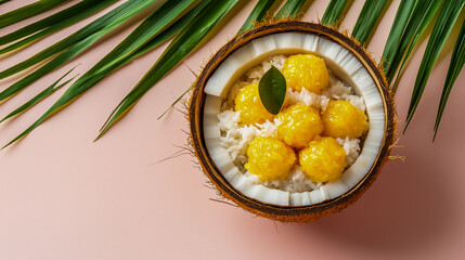 Thai mango balls with sticky rice and  coconut milk and cinnamon, served in a coconut bowl.