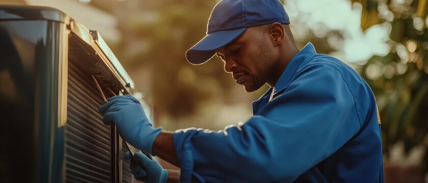 Technician performing maintenance on air conditioning unit outdoors, ensuring optimal cooling efficiency and HVAC service quality for residential comfort.