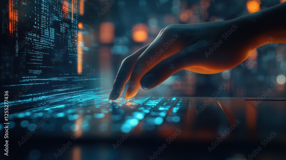 Poster technology, hand reaching for glowing keyboard with data visualization, digital connections, cyberse