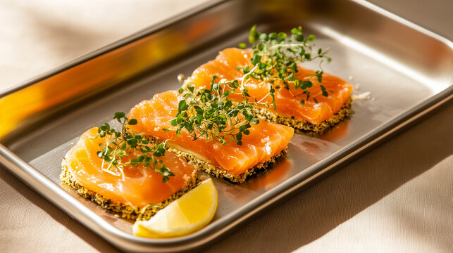 Delicate slices of Norwegian rokt laks, salted fish dish, elegantly layered on crisp bread, garnished with lemon and  fresh microgreens, served on a metallic tray.