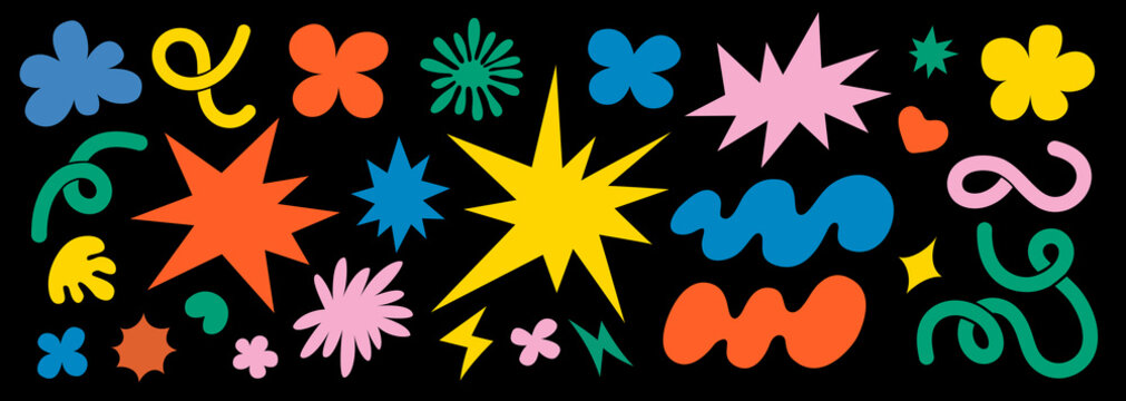 Naklejki Abstract clouds and flowers shapes sticker set. Groovy funky flowers, bubbles, stars, loops and waves in trendy retro cartoon style. Vector illustration with wavy elements.