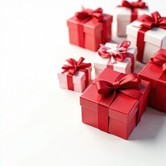 Several gifts with red ribbons, white background, holiday theme, boxes, white