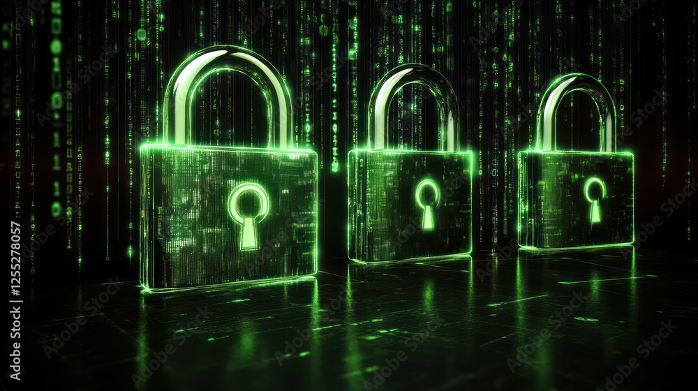 Poster cyber security with glowing padlocks and digital matrix background