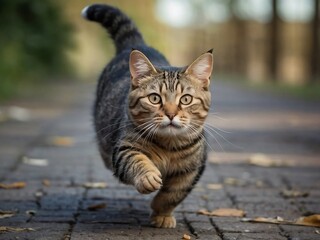 Playful Tabby Cat Running in Sunlit Grass Embracing Freedom and Adventure