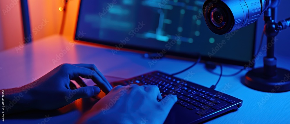 Poster typing on keyboard in modern workspace, illuminated by colorful lights and high-tech setup, showcasi