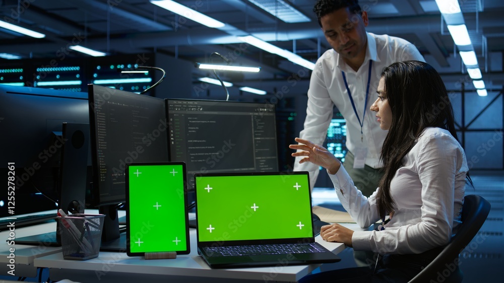 Poster engineer working with mockup laptop and tablet in data center used for managing gear energy consumpt