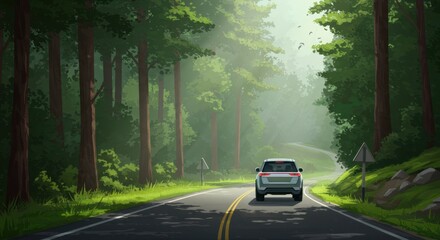 Obraz premium Car driving through a serene forest road with sunlight filtering through trees