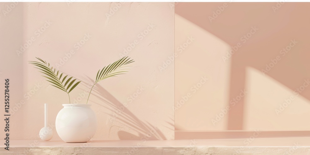 Poster a minimalistic aesthetic featuring a light peach backdrop, geometric patterns and soft tones, contem