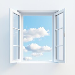 Open White Window Frame Showing Blue Sky with Fluffy Clouds Daylight View