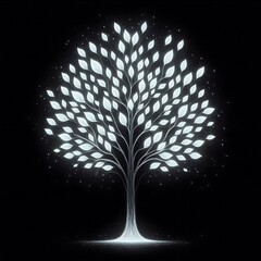 Stark Black and White Tree with Glowing Bioluminescent Leaves