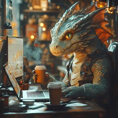 Dragon enjoying coffee while working on laptop in a cozy, rustic cafe setting